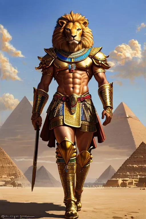 Prompt: oil painting, anthropomorphic lion, male, furry, warrior, ancient egypt, 8k, UHD,   bronze weapons, hieroglyphics art, hyperrealistic, photorealistic, beautiful art, furry art, full body picture, digital art,  hyperperfectionist, muscular, pharaoh, lion head, hyperdetailed full-body of a werelion in battle stance, hyper detailed background, ancient egypt temple inside background, god of egypt, highly detailed, panned out view of the character, gold skin