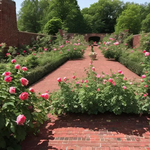 Prompt: rose garden with brick walls in late spring