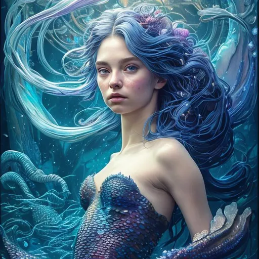 Prompt: , Portrait of mermaid glancing over her shoulder with indigo hair and with beautiful face, deep ocean with jellyfishes, perfect composition, hyperrealistic, super detailed, 8k, high quality, trending art, trending on artstation, sharp focus, studio photo, intricate details, highly detailed, by greg rutkowski, artgerm, linda bergvist