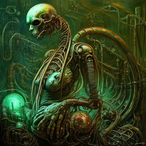 Prompt:  fantasy art style, painting, giving birth, pain, suffering, rotten, decay, long neck, woman, bloated belly, pregnant belly, woman giving birth, machine, medical machine, ultrasound, MRI machine, robotic, green, green lights, green neon lights, lightning, colourful, murky, H. R. Giger, biological mechanical, pipes, evil robot, egg, queen, queen ant, snakes, serpents, eels, tentacles, jellyfish, giant robot, robot, machine, pregnant robot, war machine, inseminate, insemination, pregnancy, pregnant, mother, mother with pregnant belly, pregnant woman, futuristic, dystopian, alien, aliens,  insemination, egg laying, spawn, egg chamber, uterus, womb, placenta, procreation, breeding, brood, clutch of eggs, reproductive organs, giving birth, female, sperm, zygote, embryo, blood, veins, organs, shaft, pump, hammer, 
Apocalypse, birth canal, cervix, glands, birth, cesarean, operation, surgery, tree roots, bleeding, hole, spine, vertebrae, brain, skull, pelvis, bone, bones, giant monster, helmet, beetle, wasp, fly, dragon fly, moth, spider, slug, snail molluscs, shell, egg yolk, whip, tail, tendrils, antennae, gas mask, mask, malnourished, horror, gore, grotesque, skeleton, xenomorph, face hugger, cables, plugs, long limbs, tall, mushrooms, centipede, scorpion 
