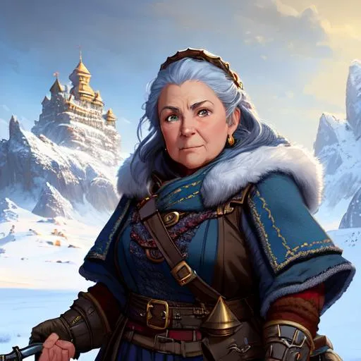 Prompt: old female dnd dwarf, soldier, matte painting, fantasy, winter background, high detail, digital art, by justin gerard and greg rutkowski