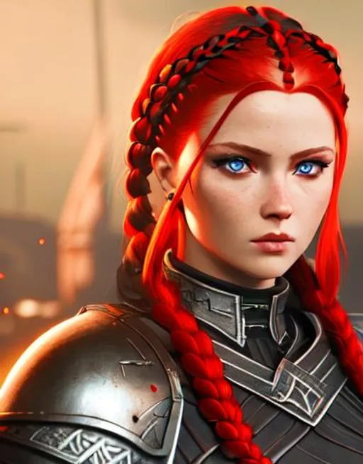 Prompt: Digital art, woman viking, red hair, cornrow braids, blue eyes, black gear, black armor, unreal engine 8k octane, 3d lighting