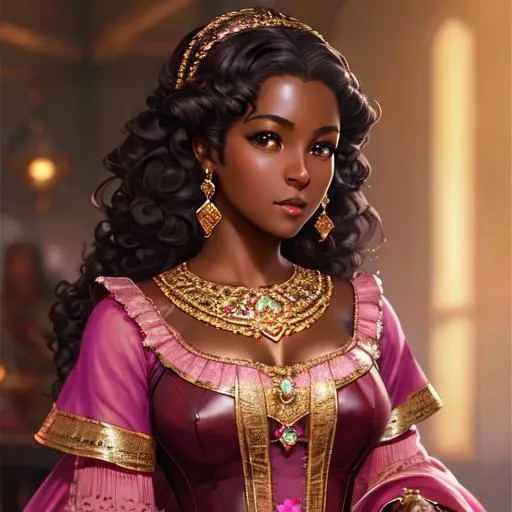 Prompt: Girl with dark skin, lose bronze curls, clear brown eyes, wearing a  glittering dark pink medieval dress with whiye shirt, close up, extremely detailed, novel realistic. Krenz Cushart + loish +gaston bussiere +craig mullins, j. c. leyendecker +Artgerm, oil painting texture oil painting effect., woman in her 50s. medieval hairstyle