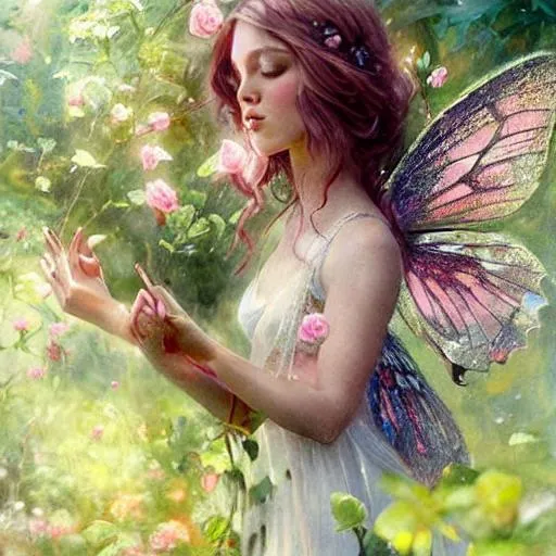 Prompt: a pink beautiful child fairy with large butterfly wings and flowing hair and beautiful face and long flowing dress is exploring her rose garden, art by greg rutkowski, extremely high detail and compexity, very intricate, full body portrait, soft lighting