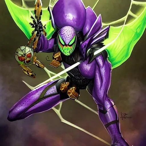 Prompt: a hyper realistic spider human with the body of a spider the body is huge and the top on him is a human body with short black hair and Purple spider markings on his torso and is on a huge web and huge spider legs (villain) warhammer style with two big skull plazma guns that are green and purple and yellow eyes on his chest and Two purple eyes male body of a spider warhammer style (new born)