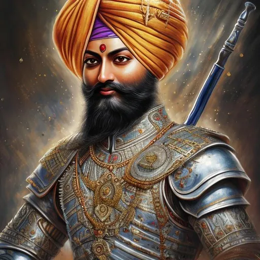 Prompt: High-resolution, highly detailed, hyper realistic painting of {Guru Gobind Singh Jee} [10th Sikh guru] , upper body, uhd, hdr, 64k, crown, armor, Turban, epic scene of conquring in battle.