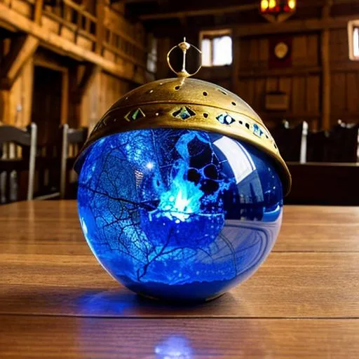 Prompt: blue flame orb on wooden table in a medieval castle