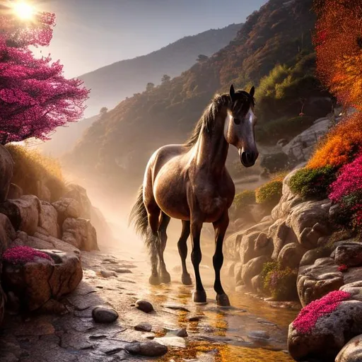 Prompt: Horse on a Mounain road, rocks, pebbles, sand, pure beauty, dynamic posture,  sharp focus, intense look, movement,  perfection, breathtaking view, Pre-raphalism style, HD digital fantasy art, intense fushia flowers, red yellow brown fall trees, insanely intricate details - volumetric lighting, soft light rays, shimmering leaves, yellow sun reflections, vivid colours
