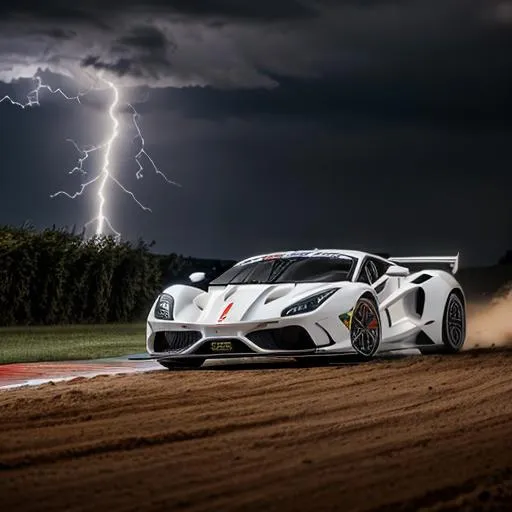 Prompt: a white ferarri racing with dirt flying up and lightning sparks behind it