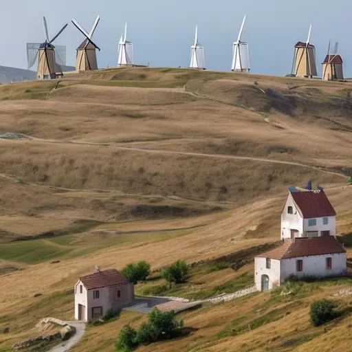 Prompt: Houses and windmills in odd places at day on hills