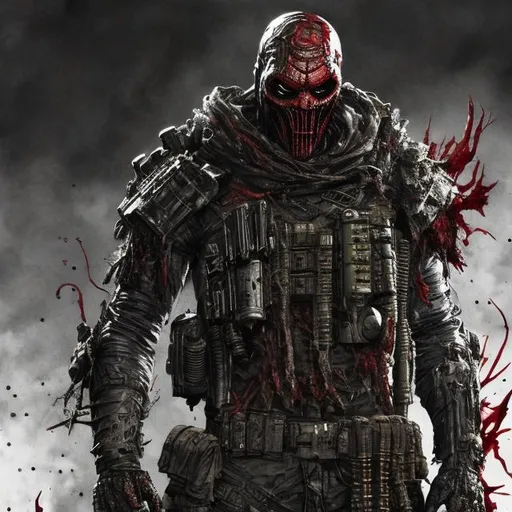 Prompt: Redesigned Gritty black dark futuristic military commando-trained villain Todd McFarlane's Spawn. Bloody. Hurt. Damaged mask. Accurate. realistic. evil eyes. Slow exposure. Detailed. Dirty. Dark and gritty. Post-apocalyptic Neo Tokyo with fire and smoke .Futuristic. Shadows. Sinister. Armed. Fanatic. Intense. 