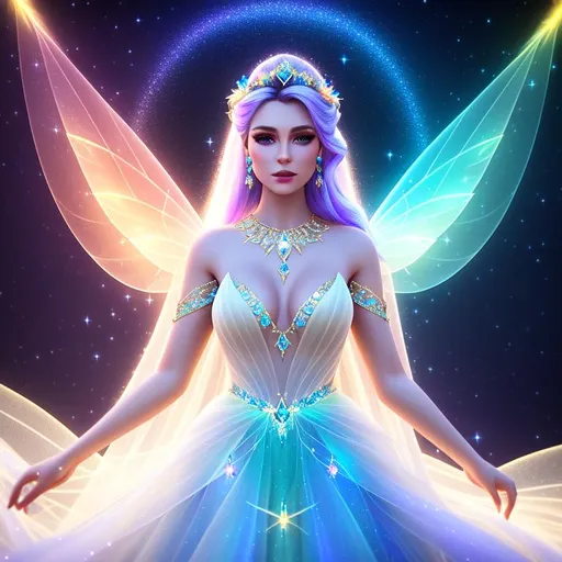 Prompt: Beautiful ethereal fairy, magic glowing orbs, ((wearing diamantine intricate gown)) ((bright multi coloured galaxy straight hair)), glowing, trails of light, wisps, soft white skin, slight sparkles, unreal engine 8k octane, 3d lightning, stellar, quartz, gem rain, luminous chest, fantasy, raw photo 