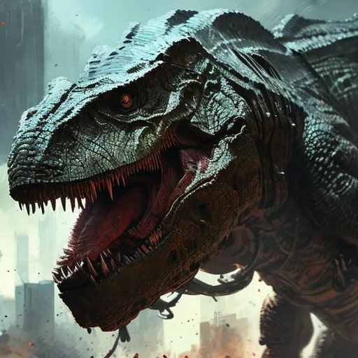 Prompt: extreme closeup t-rex headed android mech, highly detailed, sharp focus, vivid colors, intricate design, dramatic, character design, sharp focus, dramatic lighting, art by Abbott Handerson Thayer and Jeremy Mann
