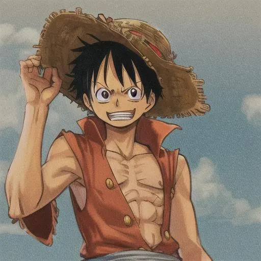 luffy teenager black hair straw hat red shirt blue