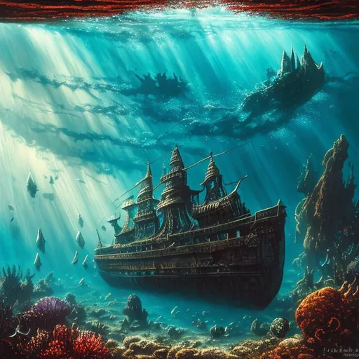 Prompt: Underwater landscape painting, long-sunken caravel lying on its side in a sea ditch, dull colors, danger, fantasy art, by Hiro Isono, by Luigi Spano, by John Stephens