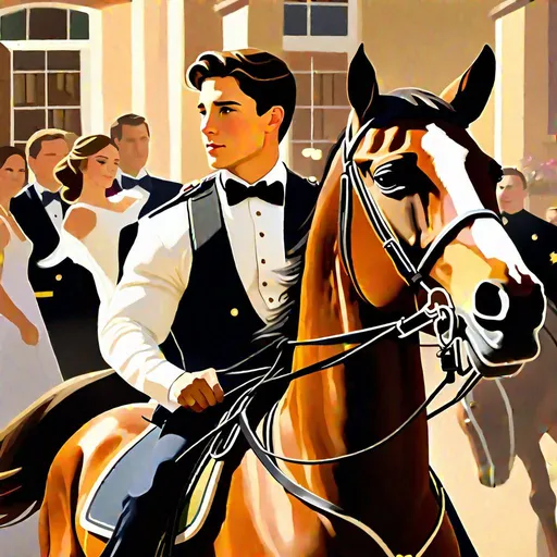 Prompt: Caleb  as a police officer (brown hair) (brown eyes) wearing a tuxedo, full body, riding a horse, pulling back on the reins, making the horse on its hind legs rearing  up, two large doors directly behind him, center, front-facing, stopping a wedding, objecting, still image