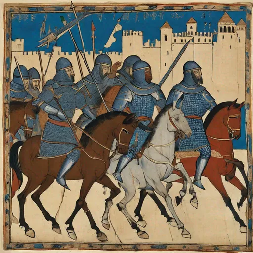 Prompt: a painting of a group of men on horses, a digital rendering, by Simon de Vlieger, fighting a war, of a old 13th century, blue edge, wearing bullet-riddled armor, ((woodblock)), not cropped, holy crusader, i_5589.jpeg, squad fighting enemy, irina french, star, weenie