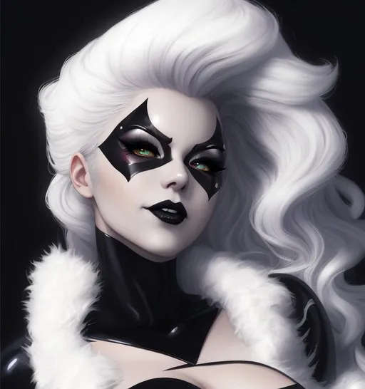 Prompt: Artgerm type portrait of a comics superhero, young woman, feminine beautiful face, wearing a black latex costume with a fluffy fur scarf, black domino mask, perfect face, sarcastic smile, black lipstick,  eyeshadow smoky make up, wavy flowing silky white platinum hair,  fantasy art, inspired by Stanley Lau, Greg Rutkowski, high definition, highly detailed, unreal engine, no deformity, no ugly hands, cinematic postprocessing, digital painting, perfect lighting, satin finish 