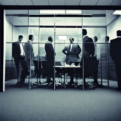 Prompt: Outside a closed office boardroom door. The table is full of men.