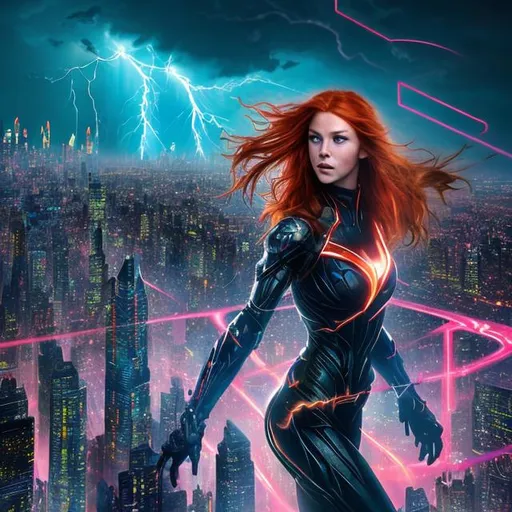 Prompt: Immerse yourself in a dynamic and visually stunning scene where the red-haired superheroine harnesses her mysterious powers amidst an extraordinary backdrop. As bolts of lightning crackle and dance around her, she stands atop a towering precipice, overlooking a vast and enchanting cityscape. The cityscape is a futuristic metropolis, adorned with towering skyscrapers that pierce the heavens. Brilliant neon lights illuminate the night sky, casting an ethereal glow upon the surroundings. The crackling thunderbolts reflect in the glassy surfaces of the buildings, creating a mesmerizing interplay of light and shadow. The air crackles with energy, and the stormy clouds above part to reveal a starry night sky, adding an element of cosmic wonder to the scene. Picture this captivating red-haired superheroine, a symbol of power and beauty, amidst a breathtaking urban landscape, as she channels her electrifying abilities.