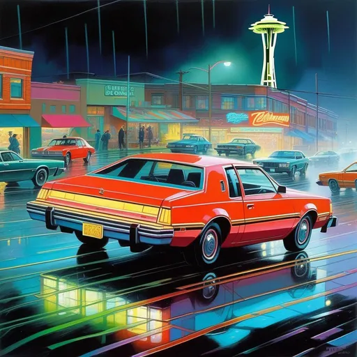 Prompt: 1980s, Seattle, neon, car chase, rainy weather, cold atmosphere, cartoony style, extremely detailed painting by Greg Rutkowski and by Henry Justice Ford and by Steve Henderson