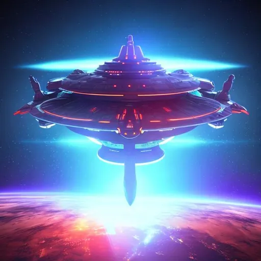 Prompt: Spinning disc-shaped gigantic spaceship with glowing light in the middle. Futuristic, outerspace, imposing. Ship on the vertical with disc front facing