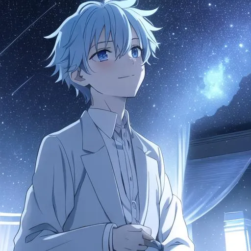Prompt: A boy looking up at the stars smiling and being mischievous saying when I grow up I will be in the stars searching for meaning. he has light blue messy hair. well dressed yet he has  scratches on the suite . He has light Cristal clear blue eyes. It is at night 