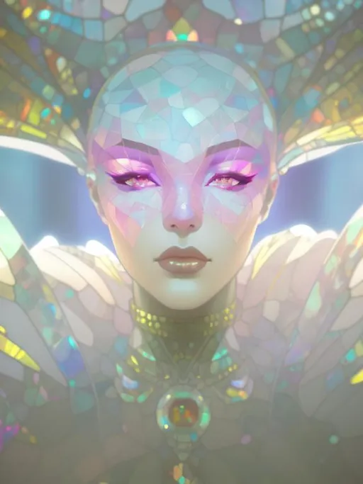 Prompt: stained glass picture of a disco queen, Onix skin, a haircap made of shattered glass mirror, beautiful face, dramatic makeup, digital art, very realistic, futuristic, vintage intricate, elegant, symmetry, dark vignette, Best quality, super clear resolution, concept art, depth of field, sunny backlit, art by Wadim Kashin, alphonse mucha , john william waterhouse,  Jugendstil Art