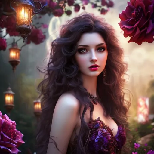 Prompt: HD 4k 3D professional modeling photo hyper realistic beautiful enchanting sorceress woman dark curly flowing hair pale skin dark eyes gorgeous face dark red dress tower with flowers and paintings landscape lanterns hd background ethereal mystical mysterious beauty full body