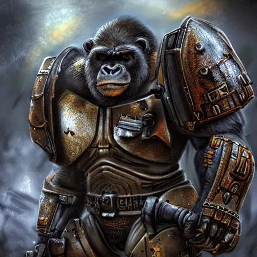 Prompt: HDR Digital art of a anthropomorphic gorilla warrior wearing space marine armor, natural light, outdoors, dark colors, highly detailed, splash art, sci-fi, Jim Burns, CFG 10

