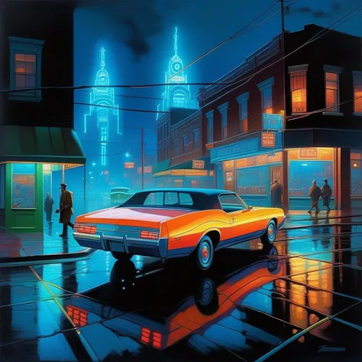 Prompt: 2030s, Detroit at night, neon, car chase, rain, fog, cold blue atmosphere, cartoony style, extremely detailed painting by Greg Rutkowski and by Henry Justice Ford and by Steve Henderson 


