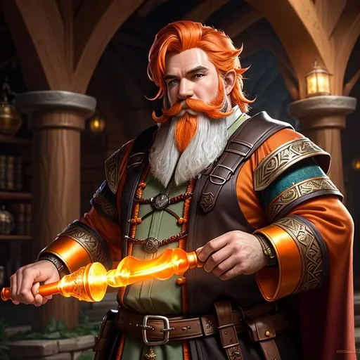 Prompt: male gnome, dnd character, sorcerer, flamboyant outfit, wide well groomed handlebar mustache, orange hair with red highlights, orange facial hair, oil painting, fantasy,  UHD, hd , 8k, , hyper realism, Very detailed, zoomed out view of character, panned out view, full character visible, is wearing medieval attire