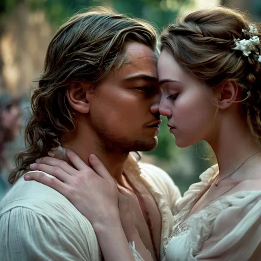 Prompt: In a captivating 4K resolution photography scene, Romeo (Leonardo DiCaprio) and Juliet engage in a passionate kiss. Romeo's face rests tenderly on Juliet's shoulder, while Juliet's face turns towards Romeo's shoulder, encapsulating a modern and heartfelt reinterpretation of Shakespeare's timeless tale of love. Amidst the constraints imposed by a society determined to keep them apart, these two young lovers courageously defy the odds and follow the dictates of their hearts, risking everything to be united.
