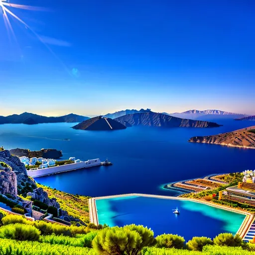 Prompt: A Greek person is a Greek-inspired business suit. The area is surrounded by buildings with blue domes, landscape, realistic, photograph, island location, detailed