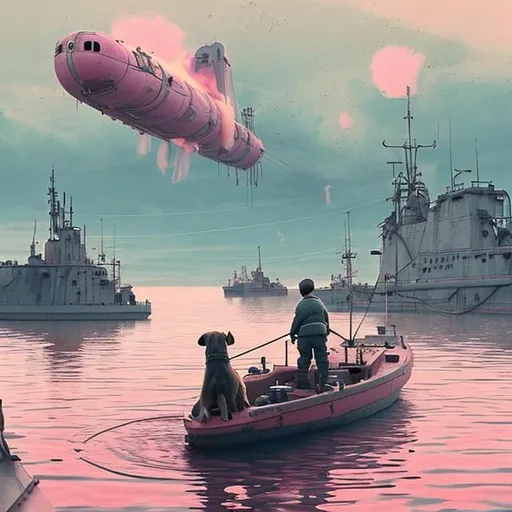 Prompt: a dog is fishing in a pink fishing boat. He has caught a russian submarine with atomic bombs flying in the air. dystopic atmosphere. 2d, artistic