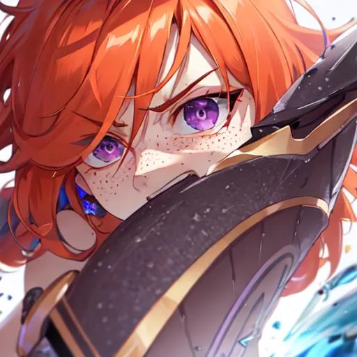 Prompt: Erikku male (short ginger hair, freckles, right eye blue left eye purple) UHD, 8K, Highly detailed, insane detail, best quality, high quality, angry, full body