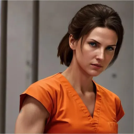 Prompt: jill valentine in prison wearing orange scrubs prison uniform