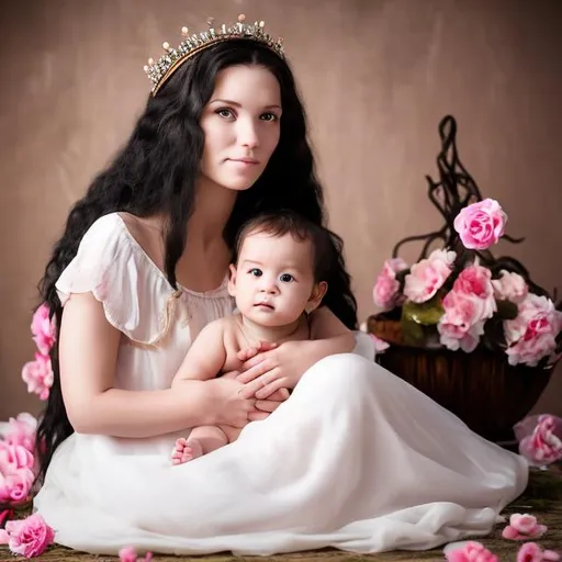 Prompt: young mother with long white hair with a crown or pink flowers sitting oh her knees holding a baby