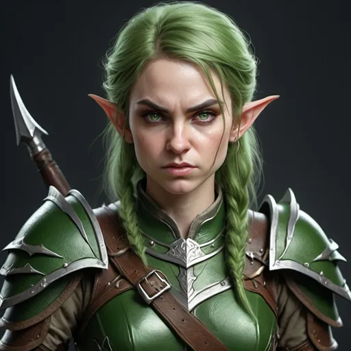 Prompt: hyper-realistic, female elf ranger, angry, green leather armor, fantasy character art