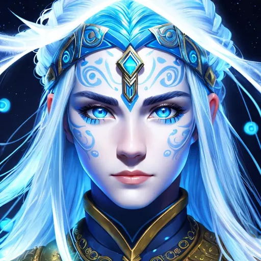 Prompt: Photorealistic close-up portrait of an Atlantean Warrior from Disney's Atlantis movie. Blue eyes, white hair, glowing blue tattoos, strong half-asian features, dark skin. Dark underwater background.