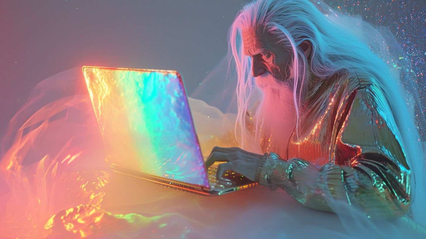 Prompt: a golden godlike man with white flowing hair looking over his kingdom from ontop of his very rainbow colored very high tech PC laptop like a Laptop Lord --ar 16:9 --v 6.0