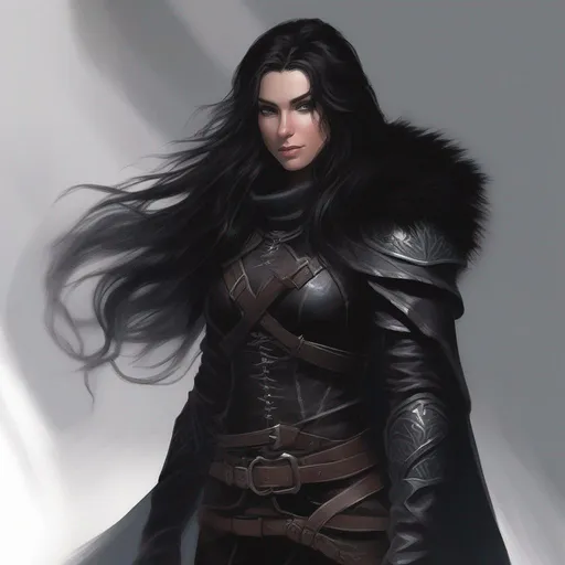 Prompt: dnd a female half-elf rogue with long wavy black hair wearing black leather armor and a black fur cloak in the shadows