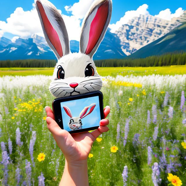  long shot painting of a bunny rabbit holding an iPhone in a wild flower field with coniferous tre