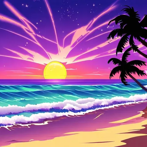 Prompt: Purple sunset anime beach waves palm trees clouds night time 