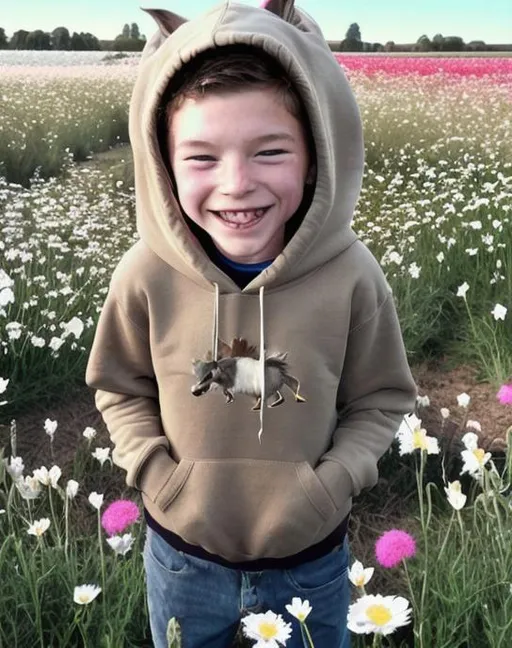 Prompt: A high-quality, detailed photo of a donkey and a boy wearing a hoodie, standing in a field of flowers. The donkey is brown with white spots, and the boy is wearing a blue hoodie with a white logo. The sun is shining brightly, and there are a few clouds in the sky. The donkey is looking at the boy, and the boy is smiling.
