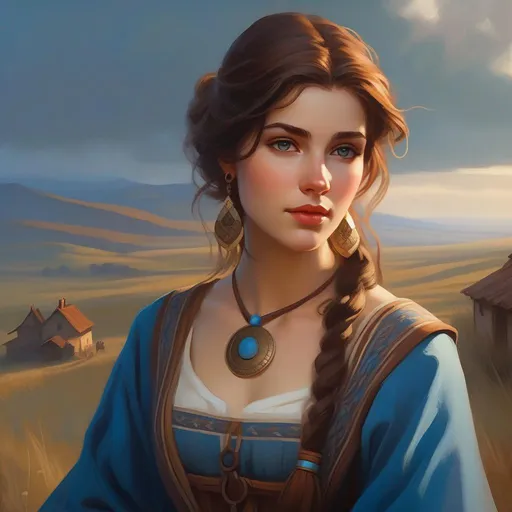 Prompt: Third person, gameplay, ancient Hungarian girl, pale skin, brown hair, brown eyes, steppe, fog, blue atmosphere, cartoony style, extremely detailed painting by Greg Rutkowski and by Henry Justice Ford and by Steve Henderson 