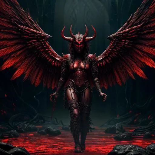 Prompt: An ancient winged demon, bathing in blood, detailed scene, digital painting, glowing red eyes, smokey, foggy, hyperrealistic, fantasy, Surrealist, artstation, highly detailed, sharp focus, wide angle shot, sci-fi, stunningly beautiful, dystopian, cinematic lighting, dark fantasy, hell