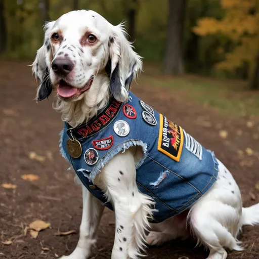 Prompt: English Setter wearing a heavy metal music denim vest with patches