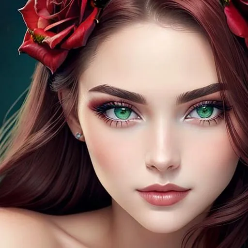 Prompt: Beauty, Beautiful and Gorgeous red roses in hair, green eyes,pretty makeup, facial closeup