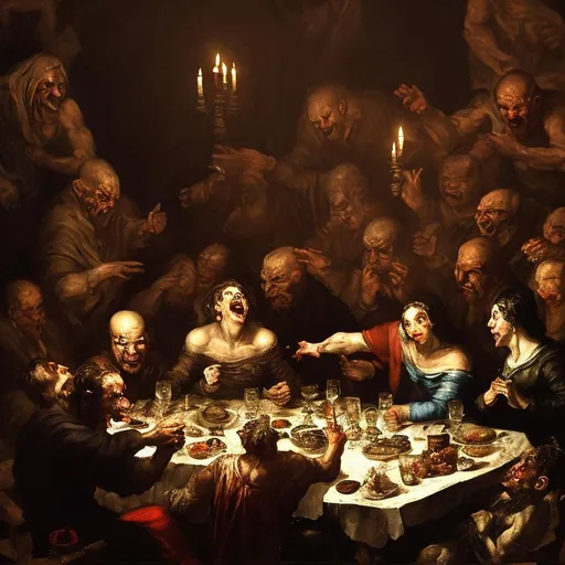 Prompt: Hunger, Devil, Plague and War at the single dinner table in pesant house, feasting, the host is laughing, broken things everywhere, candle light, darkness, harsh lighting, classical painting, Goya style.
